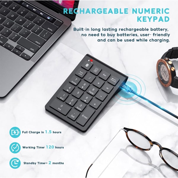 Bluetooth-nummertastatur, trådløst numerisk tastatur med oppladbart batteri, 22 taster, bærbar, slank numerisk tastatur, finansiell regnskap Bluetooth 10-tasters