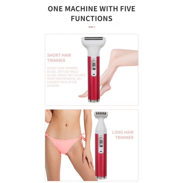 Kvinners Bikini Trimmer, 5 i 1 Kvinners Elektrisk Barbermaskin, Oppladbar Epilator Dame Hår Smertefri Barbermaskin for Bikiniområde /Nese/ Armhule/Øyenbryn/Ansikt