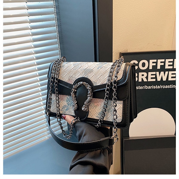 Nasjonal Stil Broderi Innrykk Gittertrykk Enkel Skulder Mote Nisje Retro Håndveske Kjede Crossbody Dameveske