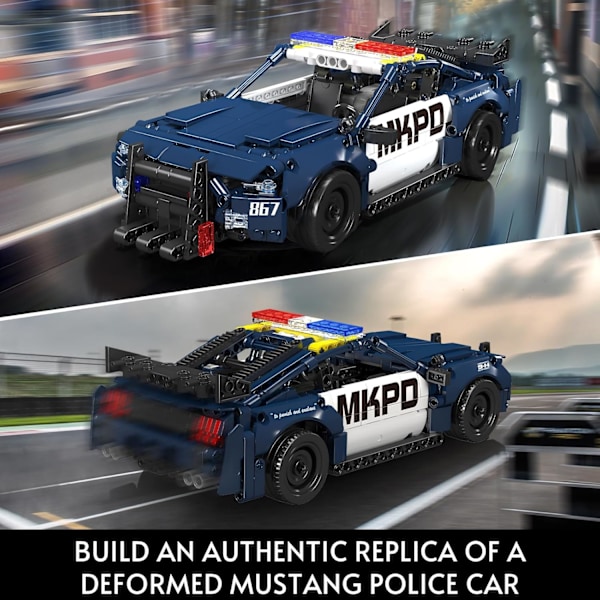 15073 Barricade Polisbil Byggsatser, MOC Deformerad Mustang Pull-Back Drag Race Leksaksbil Modellkit, (786 Bitar, Dynamisk Version)