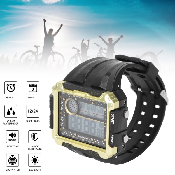 Elektronisk watch för män Nattljus Vattentät Stor urtavla Dual Time Digital Watch Svart Guld