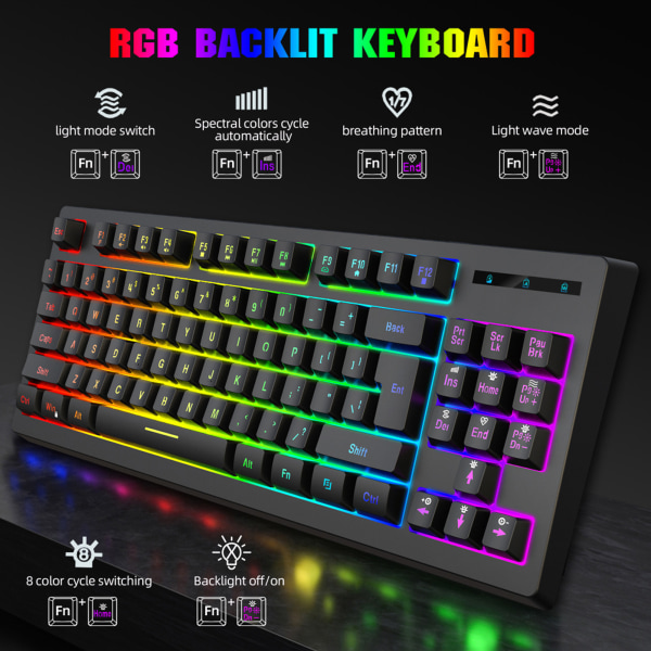 2,4G trådløst tastatur 87 taster RGB bakgrunnsbelysning 1800mAh batteri Office Keyboard for Win 7 for Win 8 Black