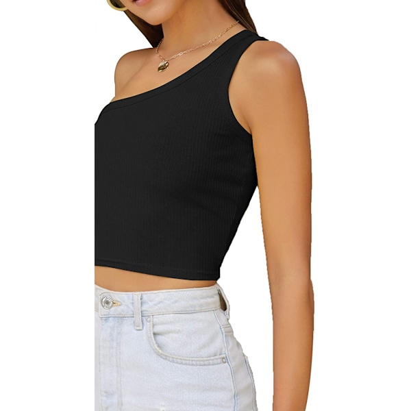 Kvinde Sexet En Skulder Ærmeløs Ribbet Crop Top, Sort (L)