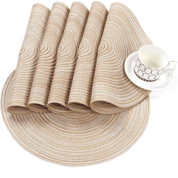 15 tommer Runde Flettede Bordbrikker Sett med 6 Sklisikre Varme Runde Bordmatter Vaskbare Bordbrikker for Festborddekorasjon (Beige, 6) 15inch