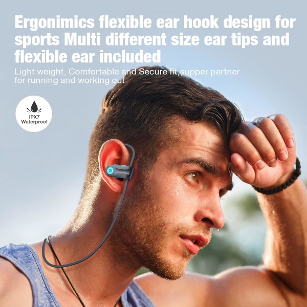 Bluetooth-hodetelefoner, trådløse øretelefoner med Bluetooth 5.3, 16 timers spilletid, stereo bass IPX7 vanntette over-ear-hodetelefoner for trening og sport Blue