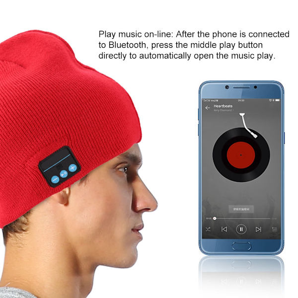 Bærbar varm trådløs BT musik stereo headset hovedtelefon øretelefon hat (mørkerød)
