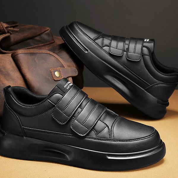 Herre Low Cut Sportsko 4 Rem Stropper Krog og Lås Fodtøj PU Læder Tyk Solet Casual Sko Black 42