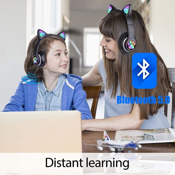 Bluetooth-hörlurar för barn, söta öron kattöron LED-ljus upp fällbara hörlurar stereo över örat med mikrofon/TF-kort trådlösa hörlurar för iPho Black