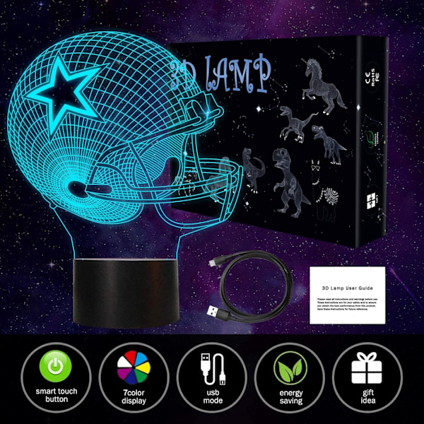 3D LED nattlys fotballhjelm, 7 farger gradvis skiftende berøringsbryter USB bordlampe, sportsfan nattlysgave til barn gutter jenter hjem De