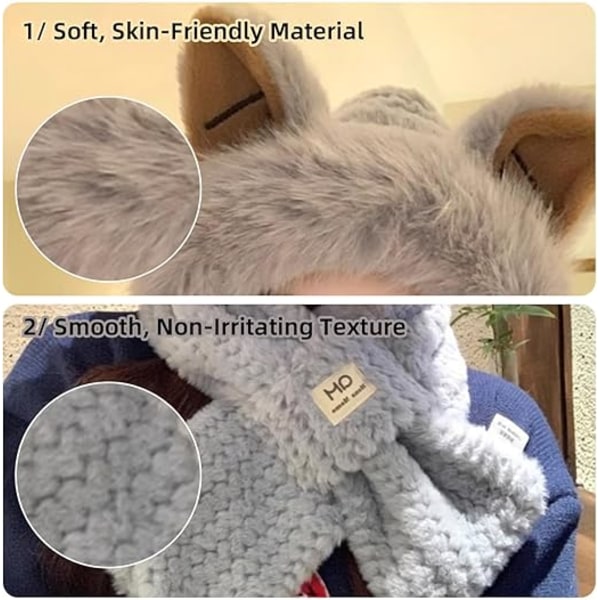 Naisten talvinen pehmeä hattu ja huivisetti, mukava 2-in-1 fleece-huppari ketun korvilla, lämmin kaulahuivari kylmää säätä varten