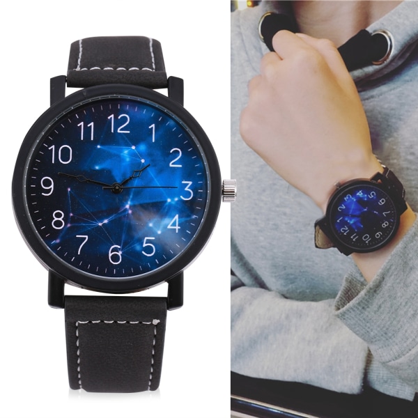 Kvinnlig manlig kvarts handleds klocka rund PU rem stor urtavla handleds klocka (Starry Sky Dial)