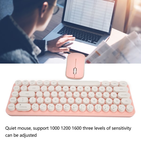 Trådløst tastatur Mus Combo Mini Bærbar Retro Silent 2.4G Trådløs 68 Taster Office Tastatur Mus Sett White Pink