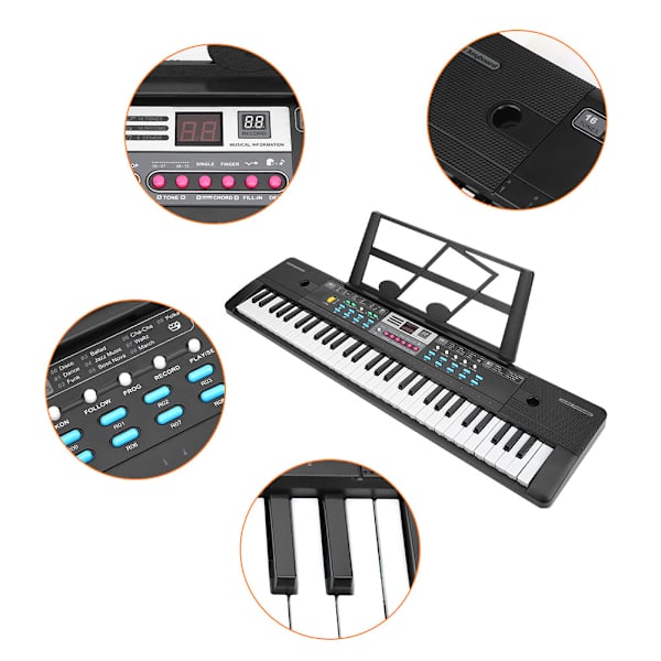 Elektronisk keyboard 61 pianotangenter barnespill nybegynnermikrofon musikkinstrument EU Plug 110-240V