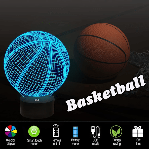 Basketball 3D nattlys bursdagsgave lampe, lys opp basketball gaver 3D illusjonslampe med fjernkontroll 16 farger skiftende sportsfan rom D