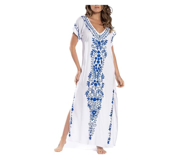 Kvinnors broderade kortärmade bikini baddräkt cover up sid split strand kaftan klänning