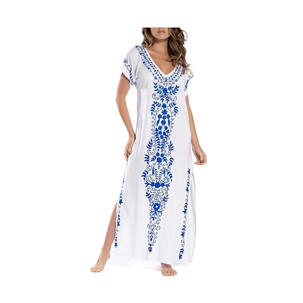 Women Embroidery Short Sleeve Bikini Swimsuit Cover Up Side Split Beach Kaftan Dress