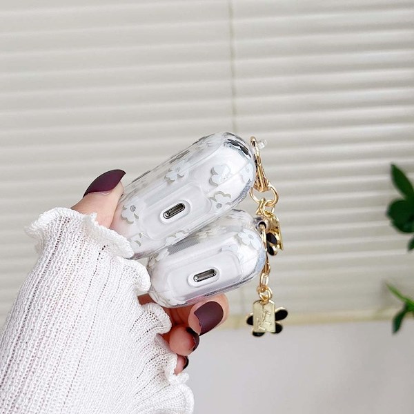 för AirPods 4:e generationens fodral med nyckelring+rengöringskit, Sött Genomskinligt Glitter Blomma Blommig Skyddande Hörlursfodral, Mjuk Transparen black floral Airpods4