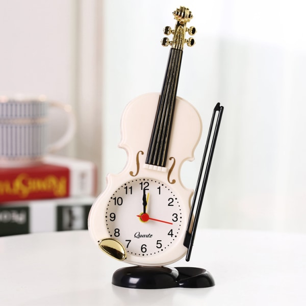 Simulation violin alarm clock, creative instrument style desktop clock, living room decoration desk clock （White）