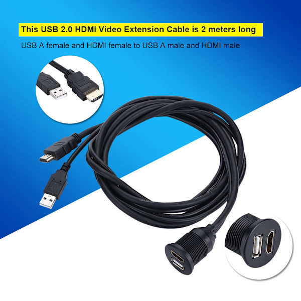 2m USB 2.0 HDMI-videoförlängningskabel hane till hona Hållbar bil USB-förlängning