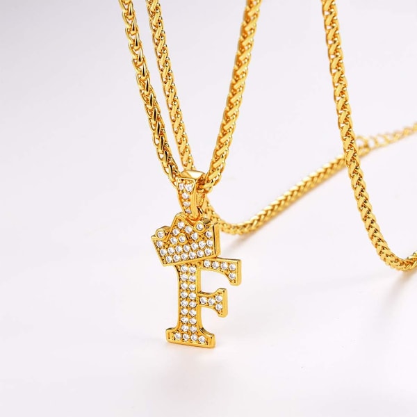 Krone Initial A-Z Halskæde, Iced Out Bogstav Vedhæng med 22-24 Tommer Kæde, Mænd Kvinder Bling Hip Hop Alfabet Navn Smykker Gave Store Initialer Halskæder F 18K Gold