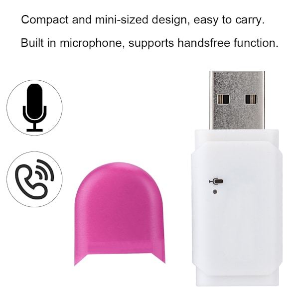 Mini Bluetooth 5.0 USB -langaton sovitin, äänentoistovastaanotin mikrofonilla (vaaleanpunainen)