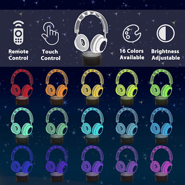 Barn 3D Hörlurar Nattlampa Headset Optisk Illusion Hörlurarlampa Hörlurar med 16 Färger Fjärrkontroll Bytande Födelsedag Jul Alla hjärtans dag