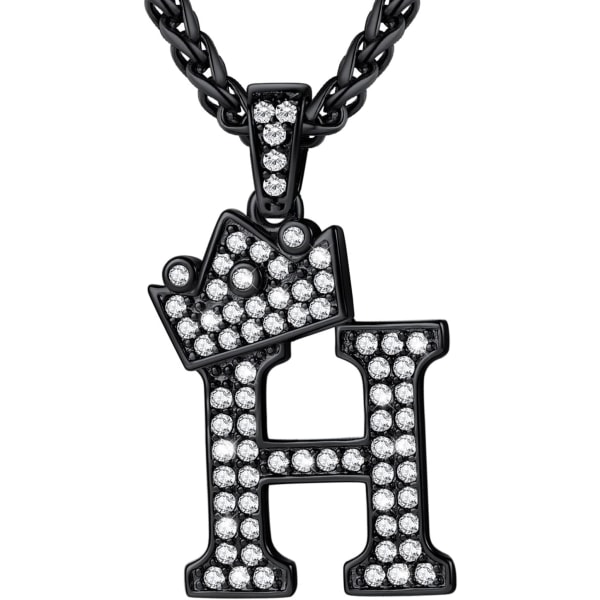 Krona Initial A-Z Halsband, Iced Out Letter Hänge med 22-24 Tums Kedja, Män Kvinnor Bling Hip Hop Alfabet Namn Smycken Present Stora Initialer Halsband H Black