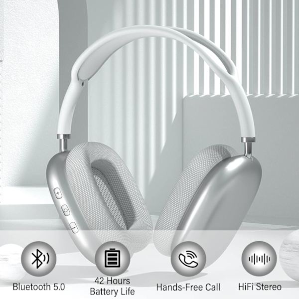 Trådløse hodetelefoner Over-Ear Bluetooth Justerbare Hodetelefoner 42 timers lyttetid Volumkontroll, Passer til spill/løping/sportshodetelefoner Silver