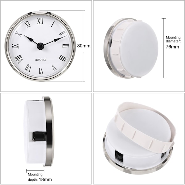 3-1/8 tommer (80 mm) kvartsur indsats med romertal, kvartsværk (sølvkant)