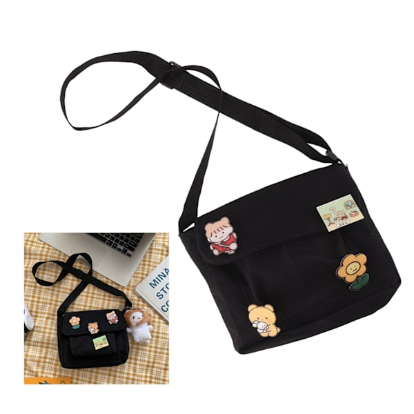 Sød Canvas Messenger Taske med 4 Pins Yndig Stil Multi Lommer All Match Skulder Messenger Taske til Kvinder  Canvas Black