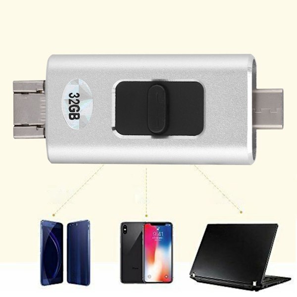 32G Fashion Multifunktion 4-i-1 U-disk til Android Type-C Passer til iPhone iPad (Sølv)