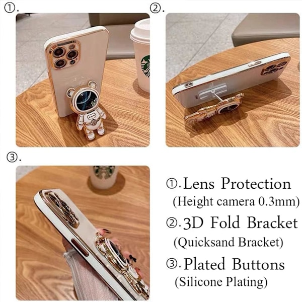 Kompatibel med iPhone15promax Deksel, Søte Astronauter Glitter Blinkende Flytende Sand Elektroplettert Holder Støtte Shoc Black