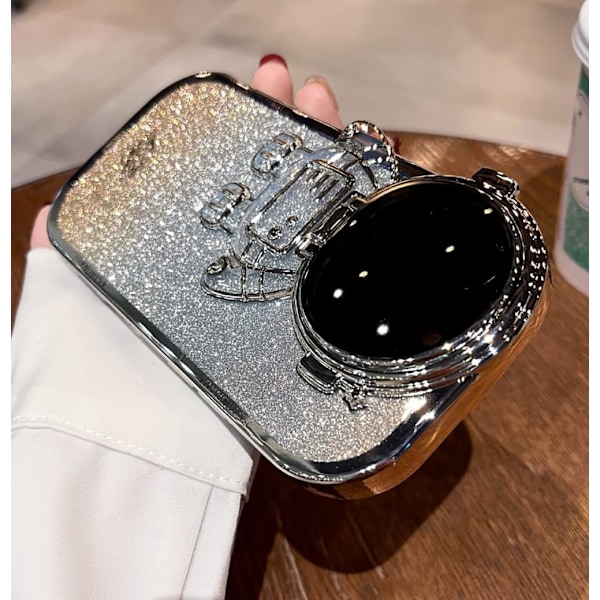 Astronautti Piilotettu Jalusta Puhelinkotelo iPhone 16 promaxille Kameran Suojalla Ylellinen Glitteri Bling 6D Galvanoidulla Kirkkaalla Pehmeällä TPU Suojalla A Gold