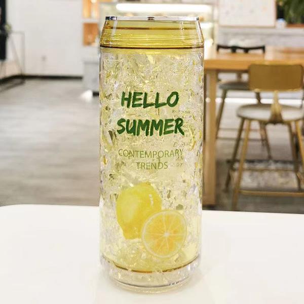 Sommar Dubbelskiktad Kallvattenkopp i Plast för Utomhussporter, Gul, 350 ml