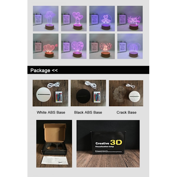 Qinwei 3D LED nattlys Akryl dobbelt hjertelampe Fjernkontroll 3D illusjonslampe Valentinsdag Hjemmedekorasjonslys -- Stil U