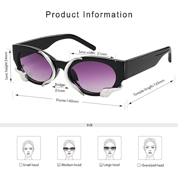 Trendikkäät aurinkolasit naisille miehille Vintage kapea kissansilmä metallinen käärme Sunnie Y2k -asusteet AP3621 Black/Purple(silver Snake)