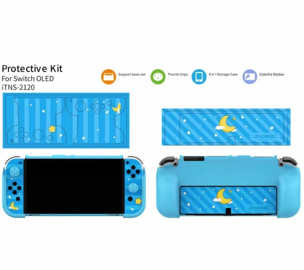 Nintendo Switch OLED -pelikonsolin tarra + konsolin suojus + korttikotelo + ohjainkorkkisarja