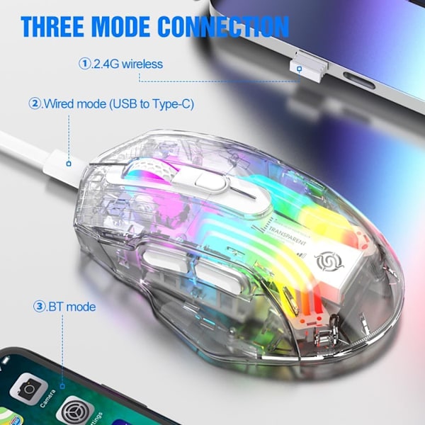 Bluetooth Trådlös Mus, Tri-Mode 2.4G/USB-C/Bluetooth Mus Upp till 3600 DPI, Transparent Mekanisk Spelmus, Chroma RGB Bakgrundsbelyst Black