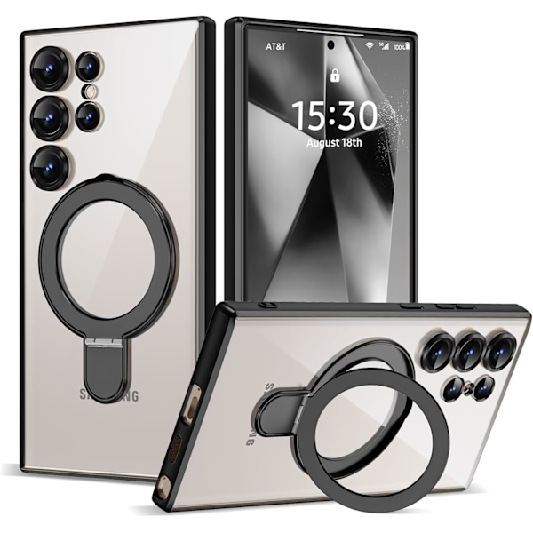 Samsung Galaxy S24 Ultra 6.9 Skal med Magnetisk Ringstativ [Kompatibelt med Mag-Safe] [Fullständigt Kameralinsskydd] Pläterad Klar Pho Black