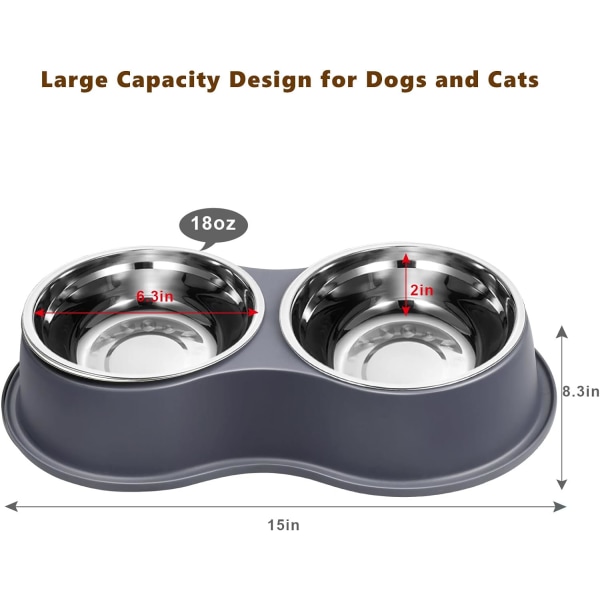 Dubbla hundskålar i rostfritt stål med halkfri hartsstation, matskålar för husdjur för valpar medelstora hundar katter, grå