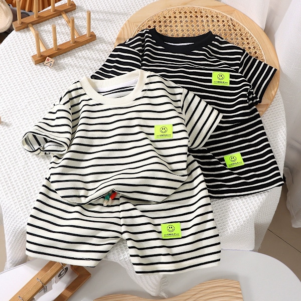 Mote Barn Kort Erme Shorts Sett Sommer Barneklær Gutter Baby Bomull T-skjorte Bukse Antrekk Svart og Hvit Stripe 150cm