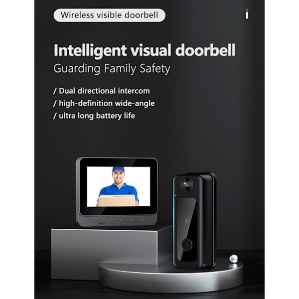 Trådløs videodørklokke - Video Intercom System Smart WiFi videodørklokke med 4,3 tommer 1080P HD-skærm/nattesyn / 170° synsvinkel