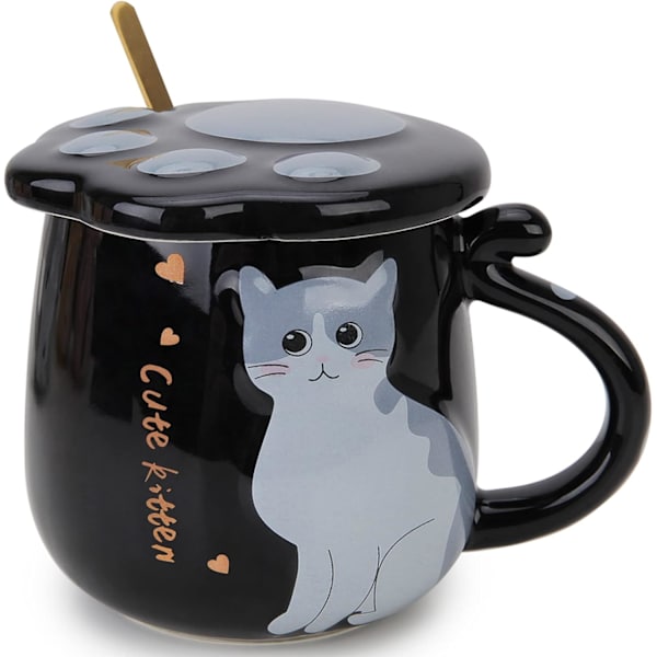 Söt katt kaffemugg, keramisk te mjölk kopp med söt katt lock och rostfritt stål sked, 14oz/420ml Jul födelsedagspresent Svart