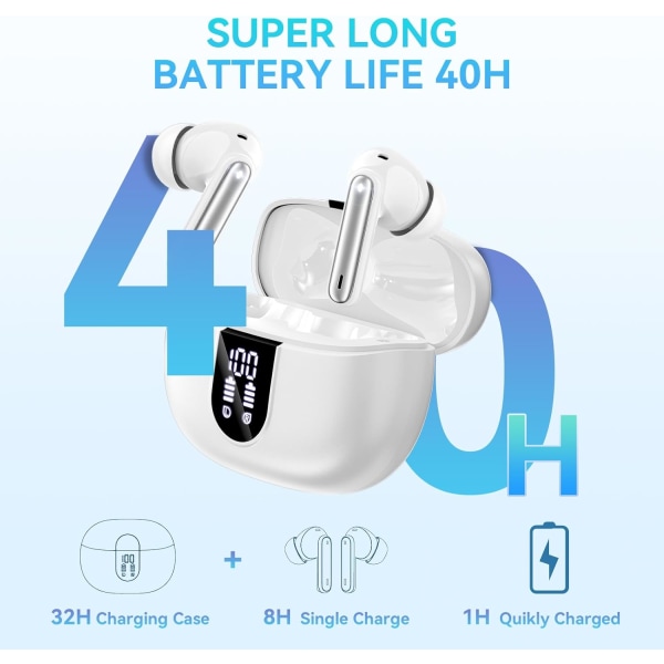 Trådløse ørepropper, Bluetooth 5.3 hodetelefoner 40 timer spilletid dyp bass stereo in-ear ørepropp, LED-strømindikator, samtale støydempende hodetelefoner med Mi White