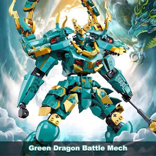Mech Robot Byggesæt til Voksne, Cool Grøn Drage Kriger Model Kit med Lang Spyd Legetøj Playset, 704 stk Samleobjekt Mytiske Ninja Gaver