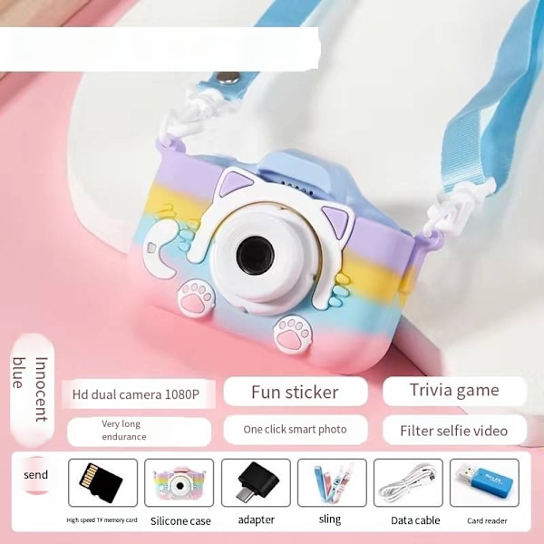 Barnkamera kan ta bilder och video Barnens födelsedagspresenter Liten SLR-kamera Seriefigurer Leksaker Rainbow Kitty Blue 64G Memory Card Kit