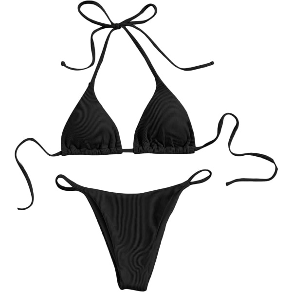 WJSM Dame Halterneck Binde Side Trekant Bikini Sæt Høj Skæring 2 Del Bikini Badetøj Ribbed Black M