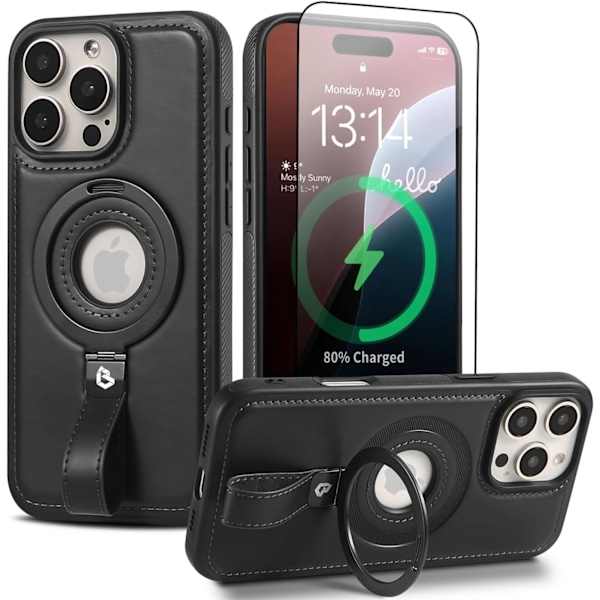 Magnetisk Ring Grip Holder til Telefoncover | Beskyttende Telefon Lædercover | Kompatibel med MagSafe | Indbygget Støttefod iphone 14pro black