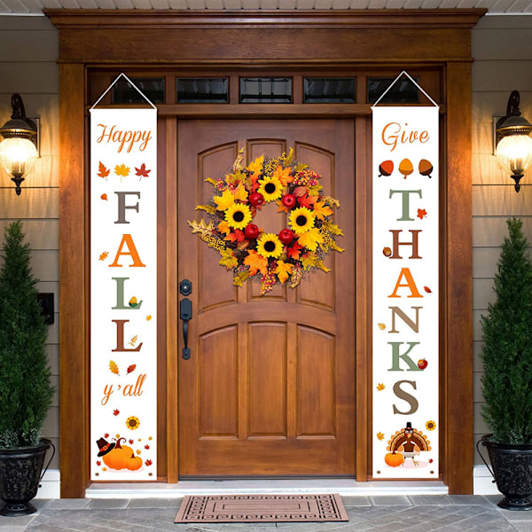 Efterårsdekoration | Efterårsdekorationer til hjemmet | Happy Fall Y'all & Give Thanks Porch Banners til efterårs høstdekorationer | Thanksgiving dekorationer til Ho