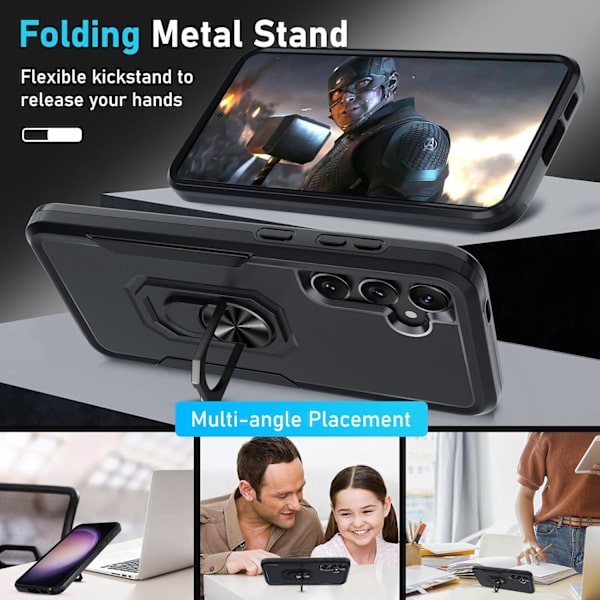 Samsung GaIaxy S24+plus Cover med Skærmbeskytter Hærdet Glas, Kraftig Stødsikker Fuld Krops Telefon Cover Indbygget Metal Ring Ho Black Matte